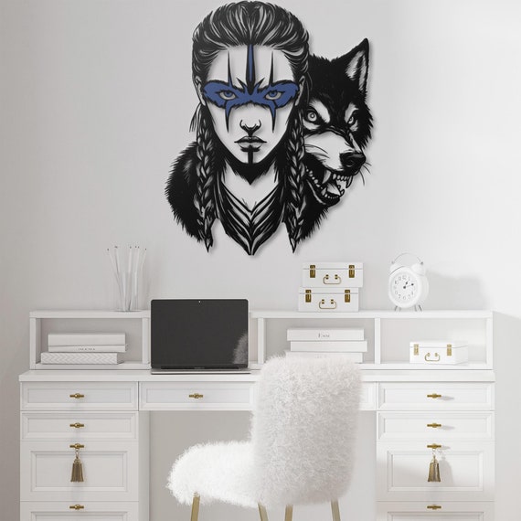 Viking Warrior & Wolf Metal Wall Art - Valkyrie Art | Tribal Norse Decor for Home  Office
