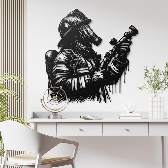 Firefighter Metal Wall Art | Heroic Firefighter with Hose Wall Decor | Firefighter Themed Metal Wall Hanging | Unique Firefighter Gift