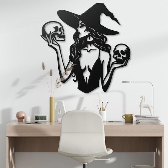 Witchy Wall Decor - Elegant Metal Witch with Skulls Art - Perfect Halloween or Gothic Home Decoration