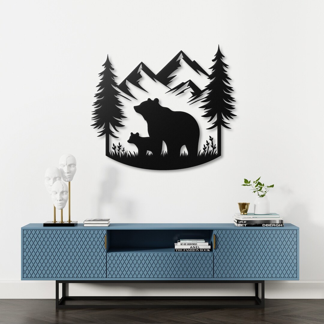 Bear Family Mountain Scene Metal Wall Art Rustic Cabin Decor, Wildlife ...