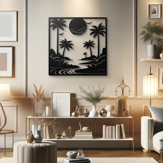 Tropical Sunset Scenery Metal Wall Art - Exotic Beach and Palm Trees Home Decor