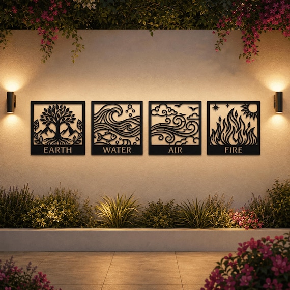 Four Elements Wooden Wall Panel Set, Nature Inspired Boho Decor (Earth Air Fire Water), Spiritual Geometric Home Wall Art Collection