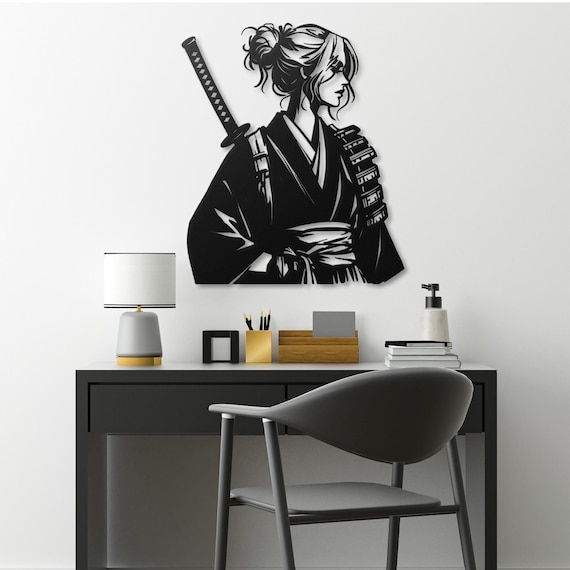 Japanese Samurai Girl Metal Wall Art | Anime Warrior Decor | Katana Sword Art | Geek Gift