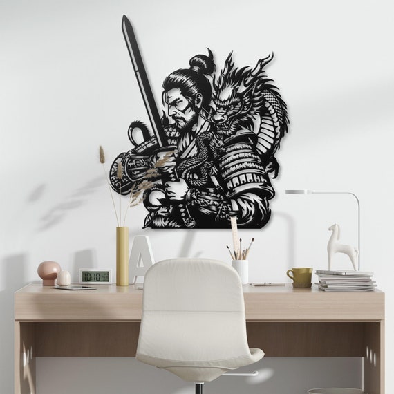Metal Samurai&Dragon Wall Art Japanese Samurai Art Dragon Wall Decor Game Room Decor Man Cave Wall Art Gamer Gift
