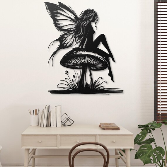 Enchanting Fairy Silhouette on Mushroom Metal Wall Art - Fantasy Decor for Home, Garden, Nursery