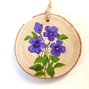 Violet Wood Slice Ornament, February Birth Flower, Hand Painted Personalised Gift