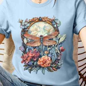 Womens Dragonfly Floral Tshirt,Boho Dragonfly Tee,Nature Lover Shirt,Garden Lover Gift,Cottagecore Shirt,Botanical Shirt,Shirt Gift For Mom