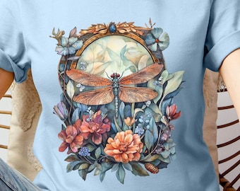 Womens Dragonfly Floral Tshirt,Boho Dragonfly Tee,Nature Lover Shirt,Garden Lover Gift,Cottagecore Shirt,Botanical Shirt,Shirt Gift For Mom