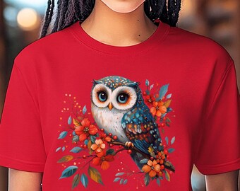 May include: Red t-shirt with a colorful owl and floral design. The owl has blue eyes and a white and blue patterned body. The flowers are red, orange, and yellow.