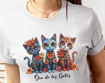 Day of the Dead Shirt,Dia de los Muertos Shirt,Dia de los Gatos Shirt,Colorful Cat Shirt,Mexican Folk Art Shirt,Mexican Folk Art Flower Tee