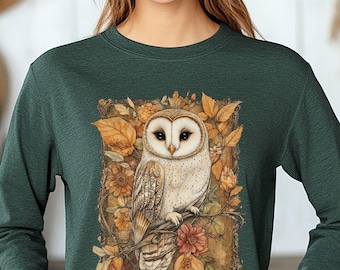 Womens Autumn Barn Owl T-Shirt,Owl Lover Shirt,Bird Lover Shirt,Cottagecore Owl Shirt,Nature Lover Tee,Barn Owl Lover Gift,Long Sleeve Owl