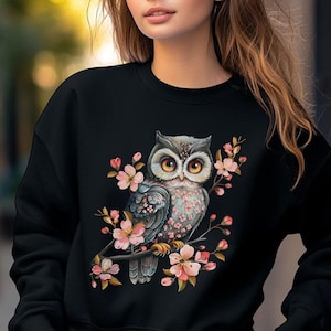 Womens Owl Cherry Blossom Sweatshirt,Owl Lover Gift,Bird Lover Sweater,Nature Lover Sweatshirt,Owl Gift For Mom,Cottagecore Owl Sweatshirt