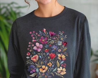 Summer Flowers Tshirt,Boho Floral Shirt,Nature Lover Shirt,Botanical Tee,Plant Lover Shirt,Gift For Gardener,Long Sleeve Tee,Cottagecore Tee