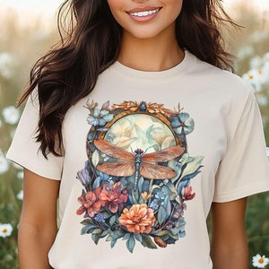 Womens Dragonfly Floral Tshirt,Boho Dragonfly Tee,Nature Lover Shirt,Garden Lover Gift,Cottagecore Shirt,Botanical Shirt,Shirt Gift For Mom