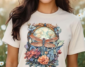 Womens Dragonfly Floral Tshirt,Boho Dragonfly Tee,Nature Lover Shirt,Garden Lover Gift,Cottagecore Shirt,Botanical Shirt,Shirt Gift For Mom