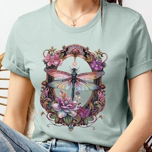 Womens Dragonfly Floral Tshirt,Boho Dragonfly Tee,Nature Lover Shirt,Garden Lover Gift,Cottagecore Shirt,Botanical Shirt,Shirt Gift For Mom