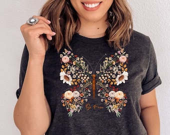 Butterfly Wildflower Tshirt,Boho Butterfly Shirt,Natural Floral Butterfly Tee,Flower Lover Shirt, Butterfly Lover Gift,Mom Gift,Retro Tee