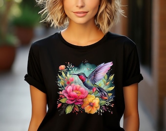 Womens Hummingbird TShirt,Bird Lover Shirt,Flower Lover Shirt,Animal Lover Tee,Bird Watcher Gift,Floral Bird Tshirt,Memorial Shirt,Mom Gift