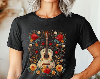 Womens Mexican Folk Art Floral Tshirt,Folk Art Guitar Shirt,Mexican Flowers Tee,Cinco De Mayo Tee,Music Lover Shirt,Hispanic Heritage Shirt