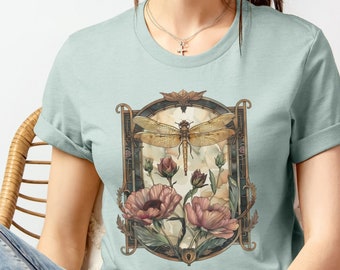 Womens Dragonfly Floral Tshirt,Boho Dragonfly Shirt,Nature Lover Shirt,Garden Lover Gift,Cottagecore Tshirt,Botanical Shirt,Gift For Mom