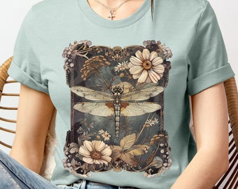 Womens Dragonfly Floral Tshirt,Boho Dragonfly Tee,Nature Lover Shirt,Garden Lover Gift,Cottagecore Tshirt,Botanical Shirt,Womens Graphic Tee