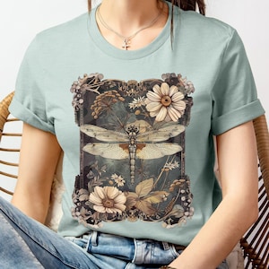 Womens Dragonfly Floral Tshirt,Boho Dragonfly Tee,Nature Lover Shirt,Garden Lover Gift,Cottagecore Tshirt,Botanical Shirt,Womens Graphic Tee