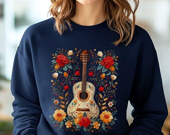 Womens Mexican Folk Art Floral Sweatshirt,Folk Art Guitar Sweater,Mexican Flowers Sweater,Cinco De Mayo Sweater,Hispanic Heritage Sweatshirt