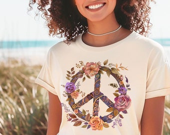Women's Peace T-shirt,Boho Flower Shirt,Folk Art Flowers Shirt,Hippie Peace Shirt, Peace Love Shirt,Gift For Mom,Retro Peace Shirt,Peace Tee