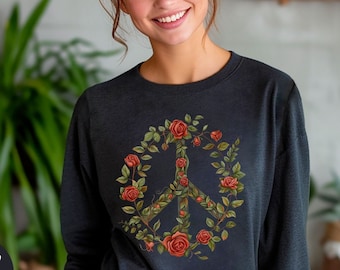 Women's Peace T-shirt,Boho Flower Shirt,Peace Tee,Folk Art Flowers Shirt,Hippie Peace Shirt,Peace Love Shirt,Retro Peace Shirt,Gift For Mom