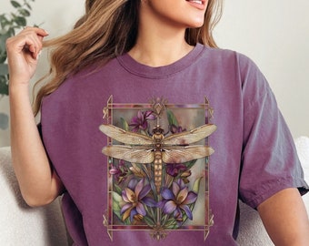 Womens Dragonfly Floral Tshirt,Boho Dragonfly Shirt,Nature Lover Shirt,Garden Lover Gift,Cottagecore Tshirt,Botanical Shirt,Comfort Colors