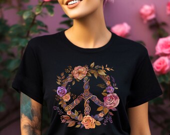Women's Peace T-shirt,Boho Flower Shirt,Folk Art Flowers Shirt,Hippie Peace Shirt, Peace Love Shirt,Gift For Mom,Retro Peace Shirt,Peace Tee