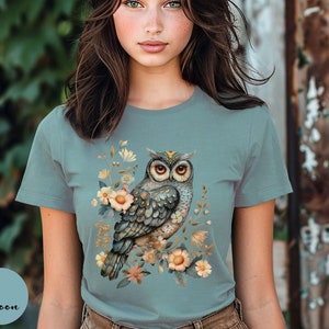 Womens Owl T-Shirt,Owl Shirt For Gift,Owl Lover Shirt,Bird Lover Shirt,Boho Flower Shirt,Nature Lover Tee,Bird Watcher Gift,Owl Gift For Her