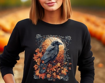 Womens Raven Shirt, Black Raven Tshirt,Witches Crow Shirt,Gothic Raven Shirt,Halloween Raven Tee, Dark Cottagecore,Long Sleeved Raven Shirt
