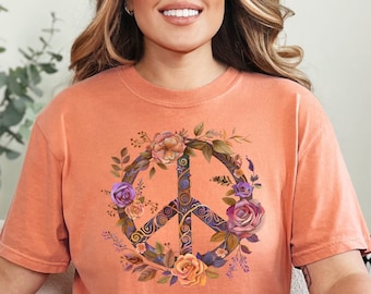 Women's Peace T-shirt,Boho Flower Shirt,Folk Art Flowers Shirt,Hippie Peace Shirt, Peace Love Shirt,Gift For Mom,Retro Peace, Comfort Color