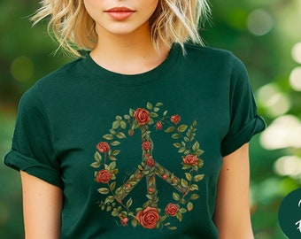 Women's Peace T-shirt,Boho Flower Shirt,Folk Art Flowers Shirt,Hippie Peace Tee, Peace Love Shirt,Retro Peace Shirt ,Rose Shirt,Gift For Mom