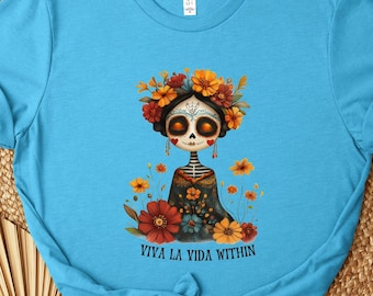 Day of the Dead Sugar Skull Tshirt,Dia de los Muertos Shirt,Mexican Folk Art Floral Tee,Viva La Vida,Hispanic Heritage,Mexican Fiesta Gift