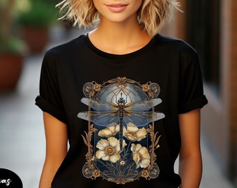 Womens Dragonfly Floral Tshirt,Boho Dragonfly Tee,Nature Lover Shirt,Garden Lover Gift,Cottagecore Shirt,Botanical Shirt,Shirt Gift For Mom