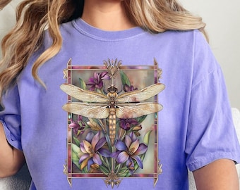 Womens Dragonfly Floral Tshirt,Boho Dragonfly Shirt,Nature Lover Shirt,Garden Lover Gift,Cottagecore Tshirt,Botanical Shirt,Comfort Colors