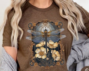 Womens Dragonfly Floral Tshirt,Boho Dragonfly Tee,Nature Lover Shirt,Garden Lover Gift,Cottagecore Shirt,Botanical Shirt,Shirt Gift For Mom