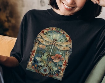 Womens Dragonfly Floral Tshirt,Boho Dragonfly Shirt,Nature Lover Shirt,Garden Lover Gift,Cottagecore Tshirt,Botanical Shirt,Comfort Colors