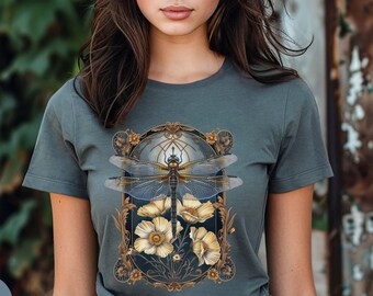 Womens Dragonfly Floral Tshirt,Boho Dragonfly Tee,Nature Lover Shirt,Garden Lover Gift,Cottagecore Shirt,Botanical Shirt,Shirt Gift For Mom