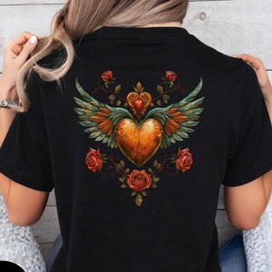 Womens Sacred Heart Tshirt, Heart Shirt, Mexican Folk Art Roses Shirt,Hearts and Roses Tee,Love Tshirt,Vintage Sacred Heart Shirt,Faith Gift