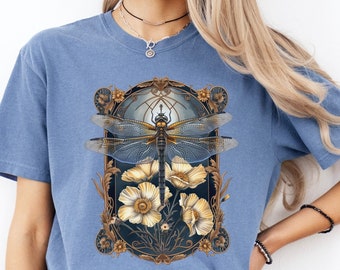 Womens Dragonfly  Floral Tshirt,Boho Dragonfly Tee,Nature Lover Shirt,Garden Lover Gift,Cottagecore Tshirt,Botanical Shirt,Comfort Colors