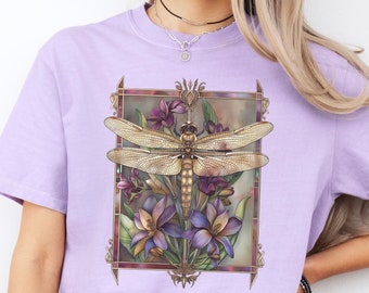 Womens Dragonfly Floral Tshirt,Boho Dragonfly Shirt,Nature Lover Shirt,Garden Lover Gift,Cottagecore Tshirt,Botanical Shirt,Comfort Colors
