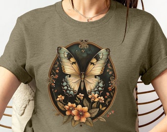Womens Butterfly Floral Tshirt,Vintage Butterfly Tee,Nature Lover Shirt,Garden Lover Gift,Cottagecore Tshirt,Botanical Shirt,Gift For Mom