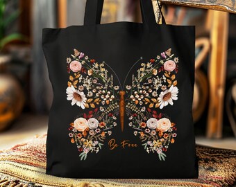 Butterfly Tote Bag,Boho Butterfly Bag,Canvas Tote Bag,Wildflower Bag,Butterfly Book Bag,Grocery Bag,Gift For Nature Lover,Botanical Tote