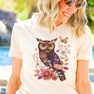 Womens Owl T-Shirt,Owl Lover Gift,Bird Lover Shirt,Flower Lover Shirt,Nature Lover Tee,Bird Watcher Gift,Mom Gift,Womens Graphic Tee,Owl Tee