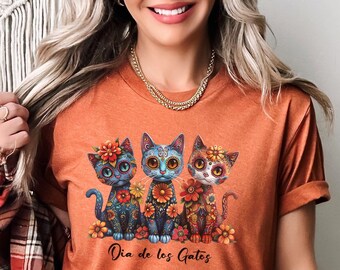 Day of the Dead Shirt,Dia de los Muertos Shirt,Dia de los Gatos Shirt,Colorful Cat Shirt,Folk Art Cat Mom Shirt,Mexican Folk Art Flower Tee