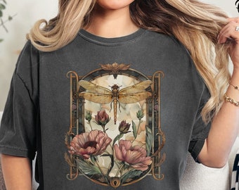 Womens Dragonfly Floral Tshirt,Boho Dragonfly Tee,Nature Lover Shirt,Garden Lover Gift,Cottagecore Tshirt,Botanical Shirt,Comfort Colors
