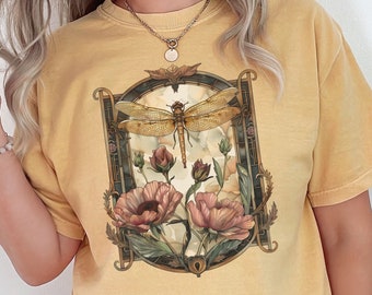 Womens Dragonfly Floral Tshirt,Boho Dragonfly Tee,Nature Lover Shirt,Garden Lover Gift,Cottagecore Tshirt,Botanical Shirt,Comfort Colors